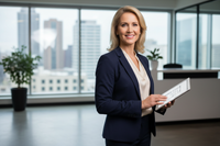 make an image of a semi old blonde lady thats posing as a reeal estate agent